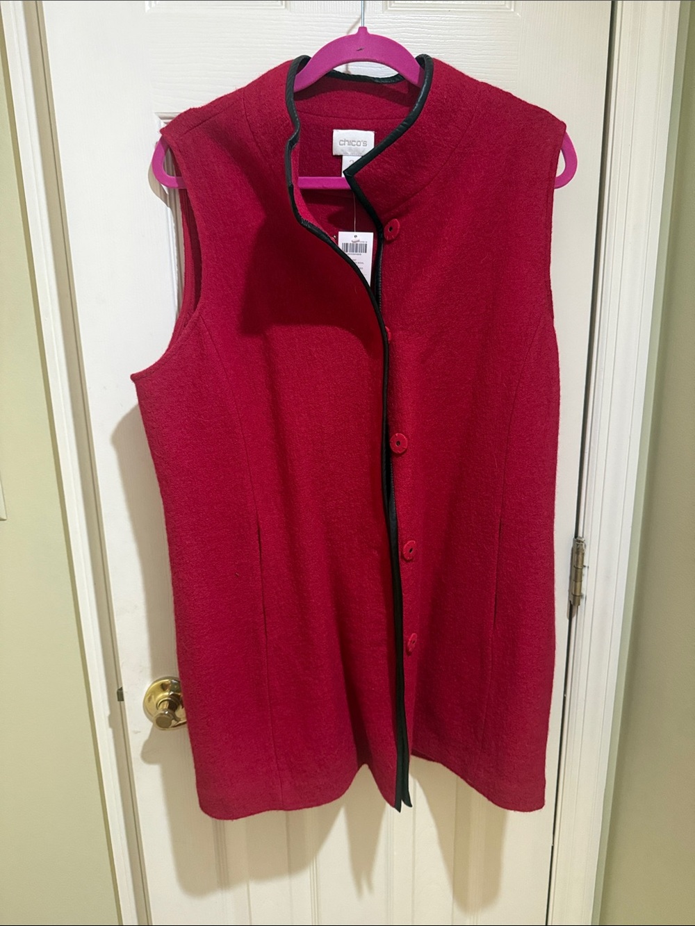 Chico's Sleeveless Red Coat Vest with Black Trim